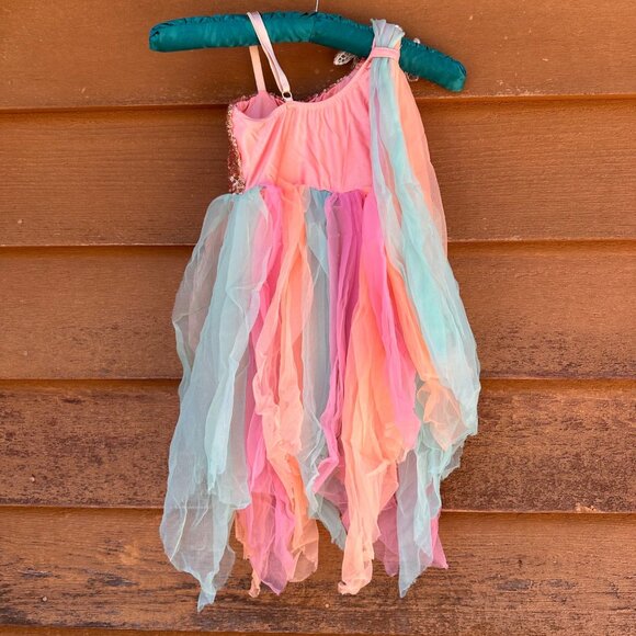 Sequin Dance Costume With Floral Applique & Multicolor Chiffon Skirt Girls Inter - Picture 7 of 10